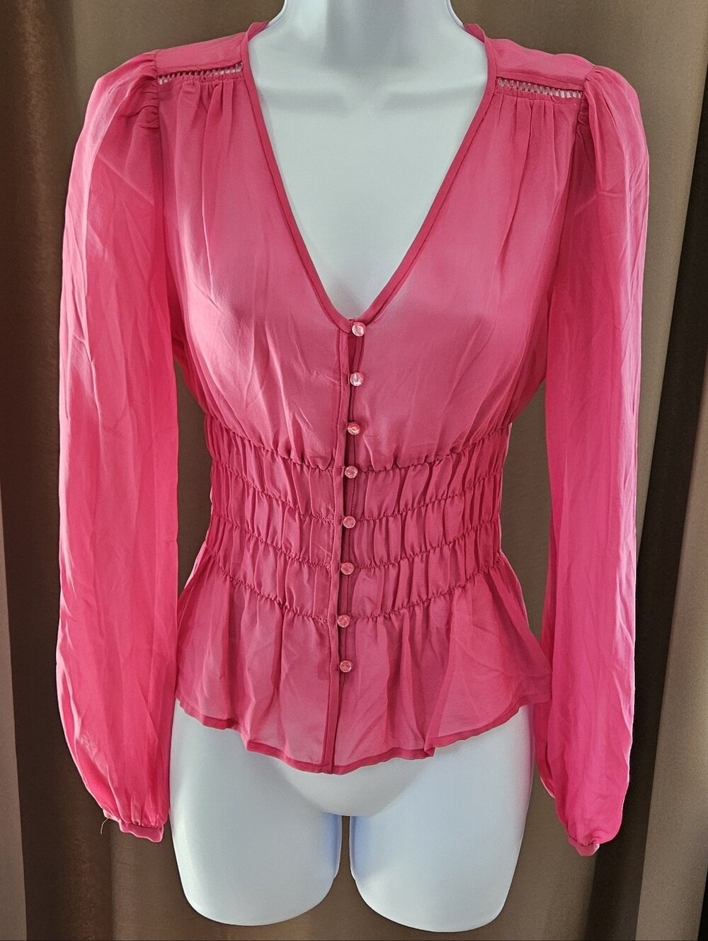 NWT The Limited 100% Silk Smocked Waist V-Neck Blouse Pink XS